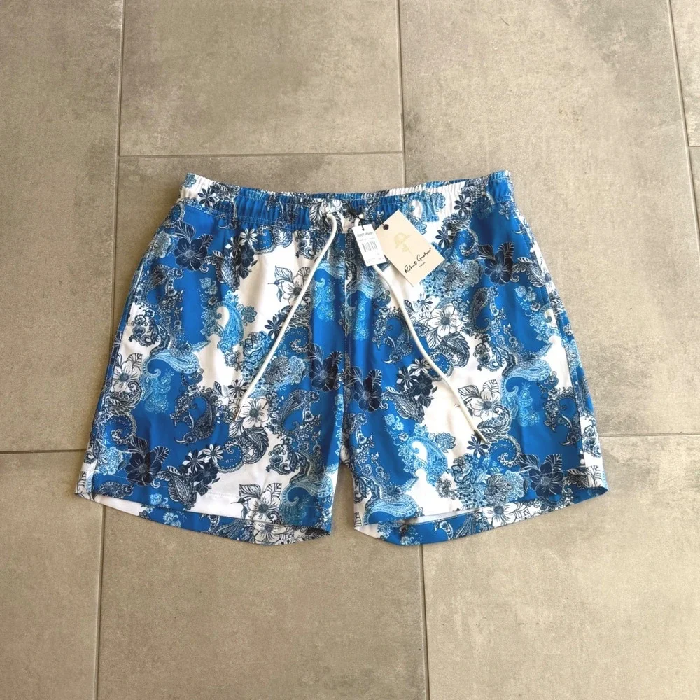 NWT Robert Graham Mens Floral Paisley Swim Trunks Blue White SMRG104 Large